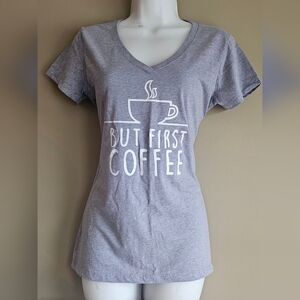 Casual Gray V-Neck Coffee Print Women's Tee